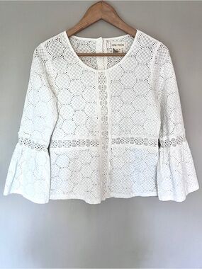 Luna Moon White Crochet Lace Bell Sleeve Top Boho Cotton Eyelet • Size XS